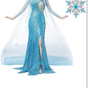 Elsa blue Sequin Gown with Sheer Cape costume Halloween.